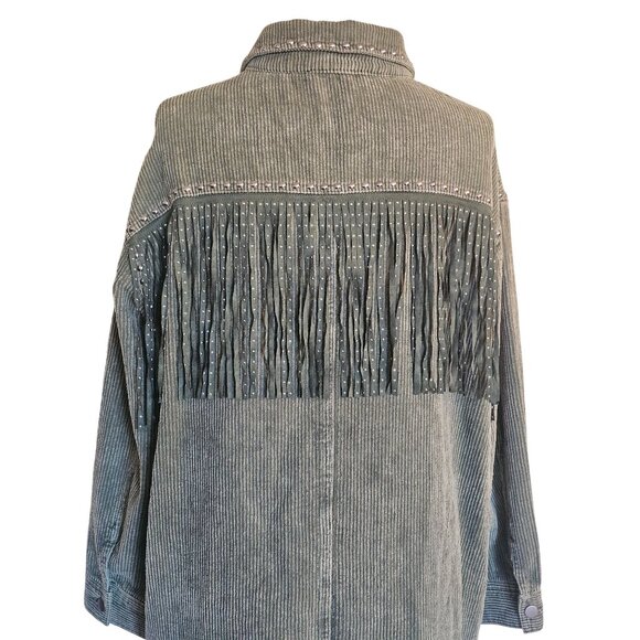 Studded Fringe Corduroy Jacket Green Snap Button Closure By Blue B Collection Si - Picture 4 of 15